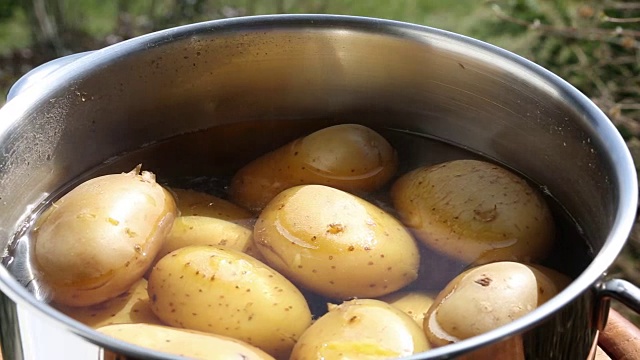 旋转锅与土豆和沸水视频素材