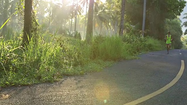 年轻的健身女子跑步早晨热带森林小径视频素材