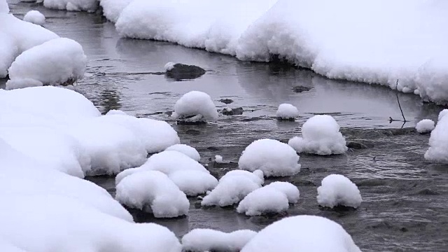 雪溪水在冬季公园通道流动。雪落。放大。FullHD视频素材