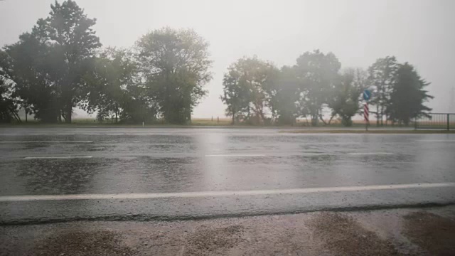 一看汽车在雨中经过的道路上，到处溅起水花。另一边有树视频素材