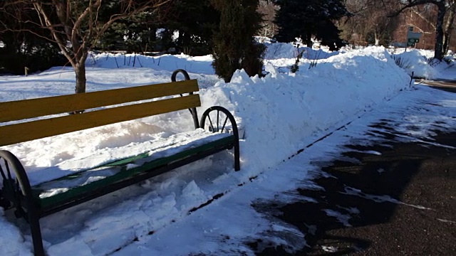 白雪覆盖的公园步道。视频素材