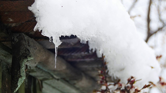 一到春天，雪就从屋顶上融化，滴落下来视频素材