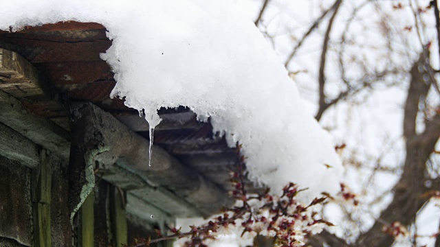 一到春天，雪就从屋顶上融化，滴落下来视频素材