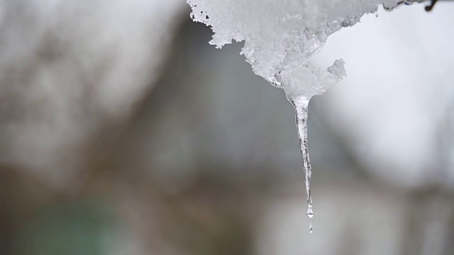 一到春天，雪就从屋顶上融化，滴落下来。慢动作视频素材