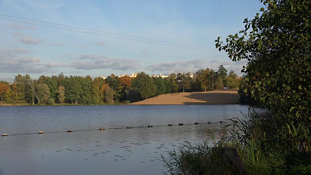 秋天的森林。湖。秋天的风景。4 k。视频素材