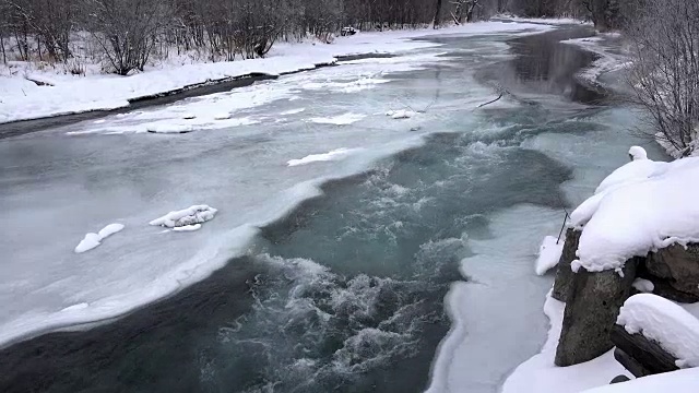 湍急的河水顺流而下，穿过冰雪融化后的深蓝色视频素材