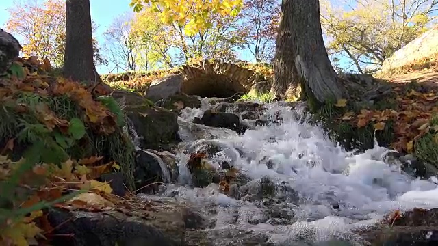 由砖砌成的拱砌在岩石和草的坡上，水流走在春天的季节和黄色的树木视频素材