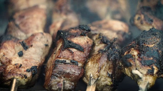 烤肉在木炭上烤的肉视频素材