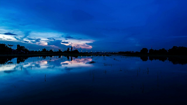 夕阳云景观与水倒影，时光流逝视频素材