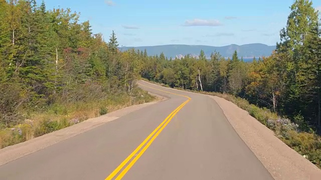 在空旷的高速公路上行驶，穿过秋天的落叶树林，驶向海岸线视频素材