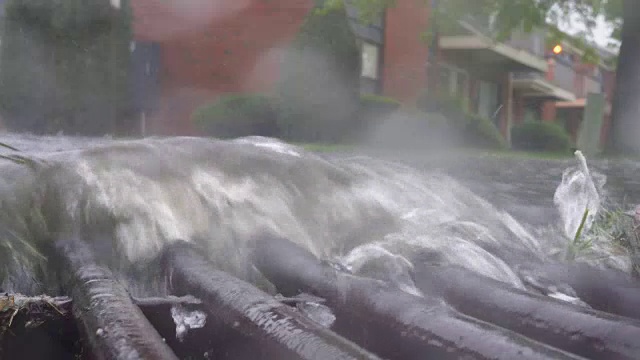 雨点落在街道上，雨滴落在水坑和沥青上。视频素材