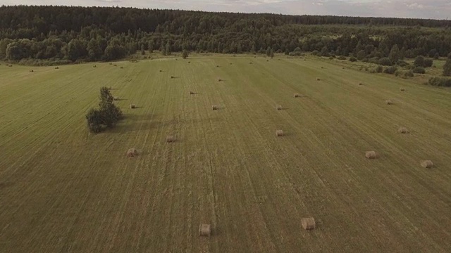 田野上一卷卷的干草堆。航拍视频视频素材