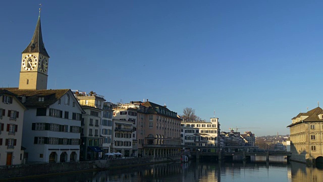 瑞士苏黎世日落limmat河大桥中心全景4k视频素材