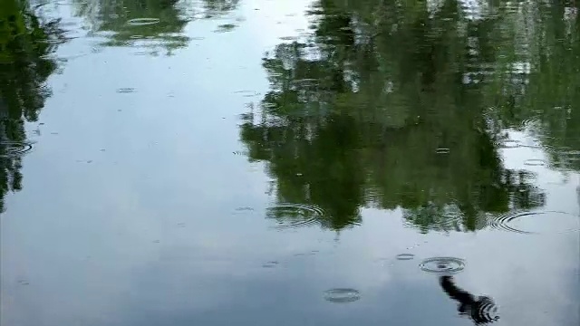 雨滴落在湖水上。悲伤的天气视频下载