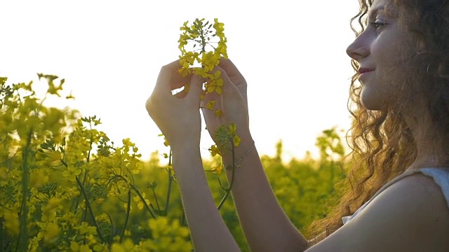 一个乡村女孩优雅地触摸着站在草地上的油菜花的慢镜头视频素材