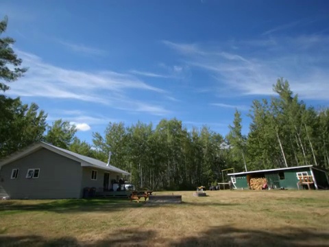 time-lapse of tree and blue skywith small house and shop .树木和蓝色的天空与小房子和商店视频素材