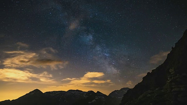 阿尔卑斯山上繁星点点的银河，时光流逝。视频素材