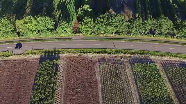 鸟瞰图。在乡村道路上行驶的汽车视频素材