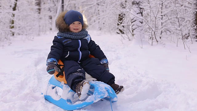 一个可爱的婴儿在冬季公园的雪橇上的肖像。视频素材