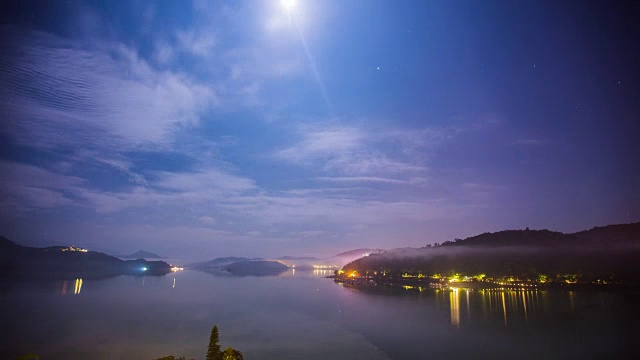 时光流逝-美丽的日月潭夜景，台湾4K视频素材