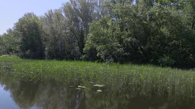 一艘帆船上的录像。伏尔加河，俄罗斯。沿着海岸或有绿色植被的岛屿移动。视频剪辑4K，超高清视频素材