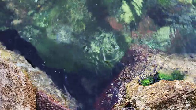 放松的海浪拍打岩石海岸近景抽象的细节-暑假旅行4K视频背景视频下载