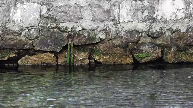 宁静的海边细节海浪轻轻拍打防波堤由岩石和混凝土与小螃蟹居民-自然和海洋视频背景视频下载