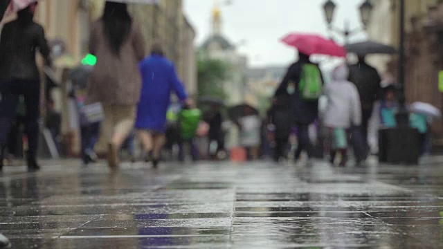 城市街道上的雨天背景。真正的时间。人们在雨中带着雨伞上下班。模糊的散景。自然背景视频素材