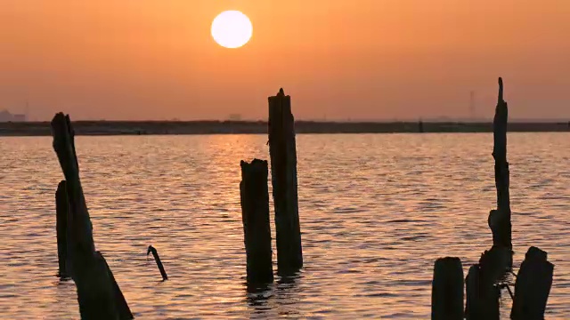 夕阳下金色湖面上的废弃木码头视频素材