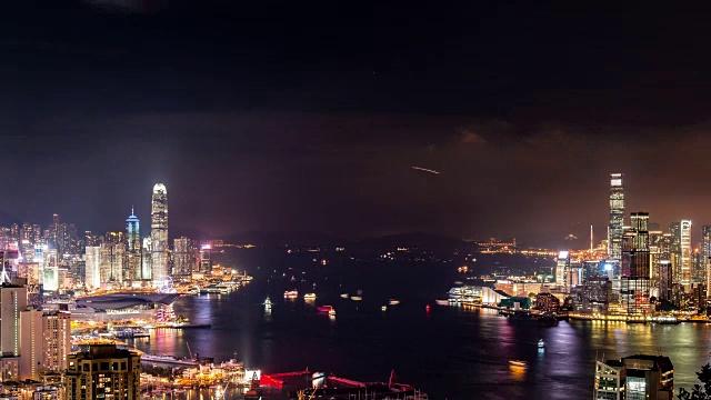 香港，海域，香港和九龙的城市景观，夜景，船只和飞机移动视频下载