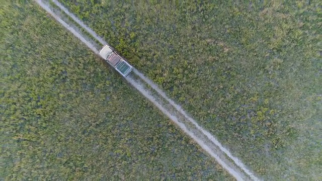 从空中俯瞰一辆游猎汽车穿过博茨瓦纳的草原视频素材