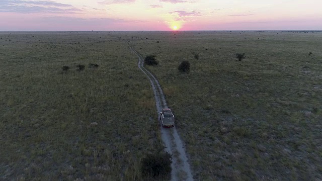 空中跟踪拍摄的狩猎汽车通过草原进入日落在博茨瓦纳视频素材