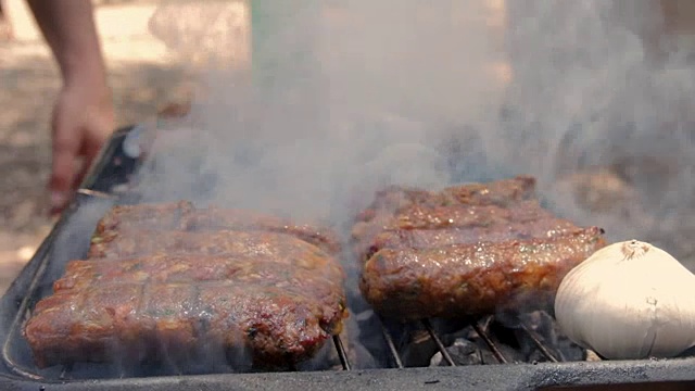 在热烤架上烤烤肉串视频素材