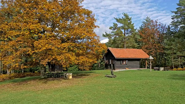 空中的小屋，在山下的森林空地上视频素材