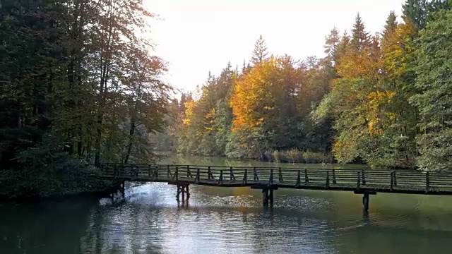 空中湖，一座桥在阳光下闪闪发光视频素材