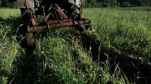 拖拉机在马铃薯地里开过。用拖拉机收割土豆。视频素材