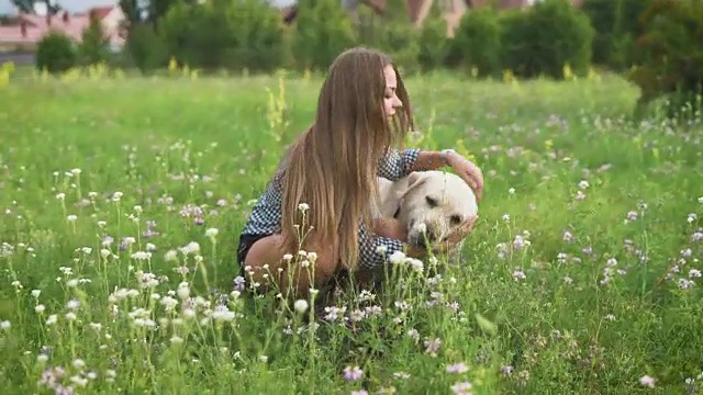 一个女人在公园里和她的狗玩视频素材