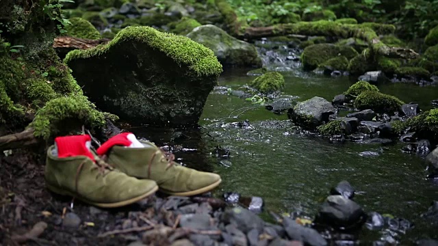 一双鞋和袜子在石头上的绿色苔藓小溪边视频素材