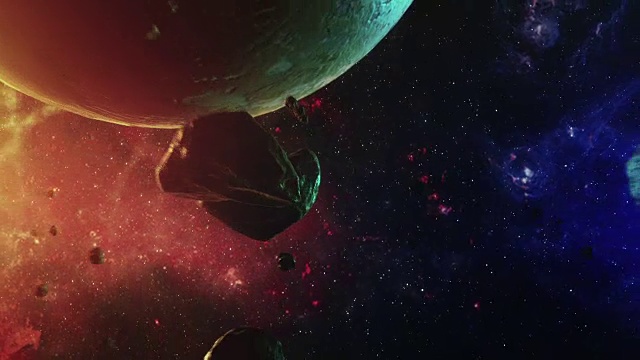 在多彩的宇宙空间中飞行在行星和小行星之间的恒星视频素材