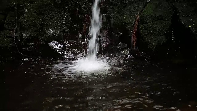 一个瀑布的特写和绿色苔藓的石头视频素材