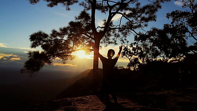 夕阳下的人影。自由的概念。与雾视频素材