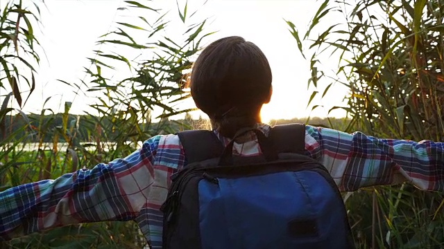 湖边一个年轻漂亮女孩的剪影。视频素材