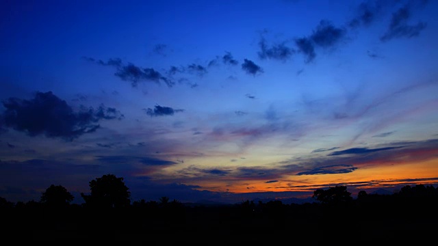 夕阳在红色的天空，美丽的云和剪影森林。时间流逝视频素材