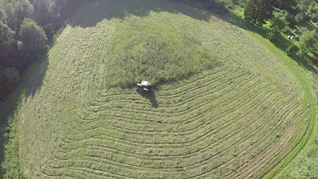 红色小旧拖拉机在夏季结束草地上割草，无人机鸟瞰图视频素材