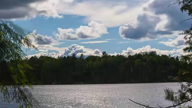 树木环绕的湖面上云朵的时间流逝视频素材