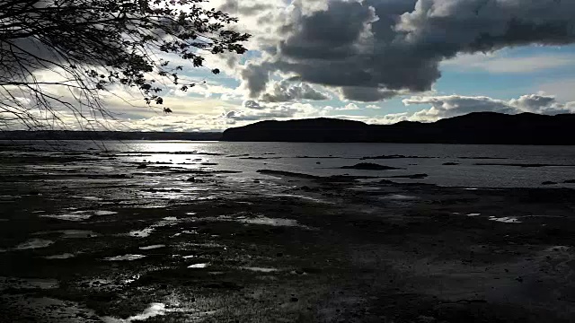 峡湾在萨格内河海滩海岸与浅水的特写，多云的天空和剪影的树在风中视频下载