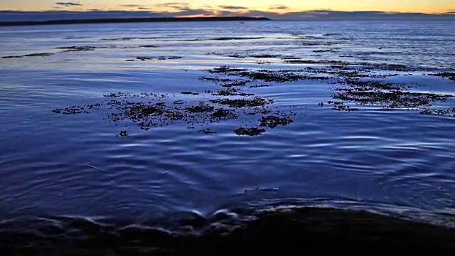 蓝色，紫色和红色日落黄昏在Rimouski，魁北克的圣劳伦斯河在加斯比西地区的加拿大海浪特写视频下载