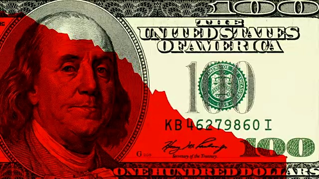 美国经济衰退以百元大钞为背景。新的独特的质量动画运动视频素材