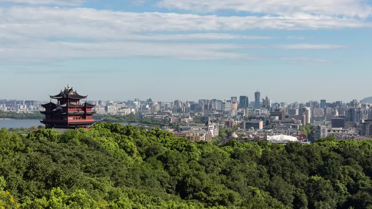 4K延时:城隍庙与城市景观背景，杭州，中国视频素材