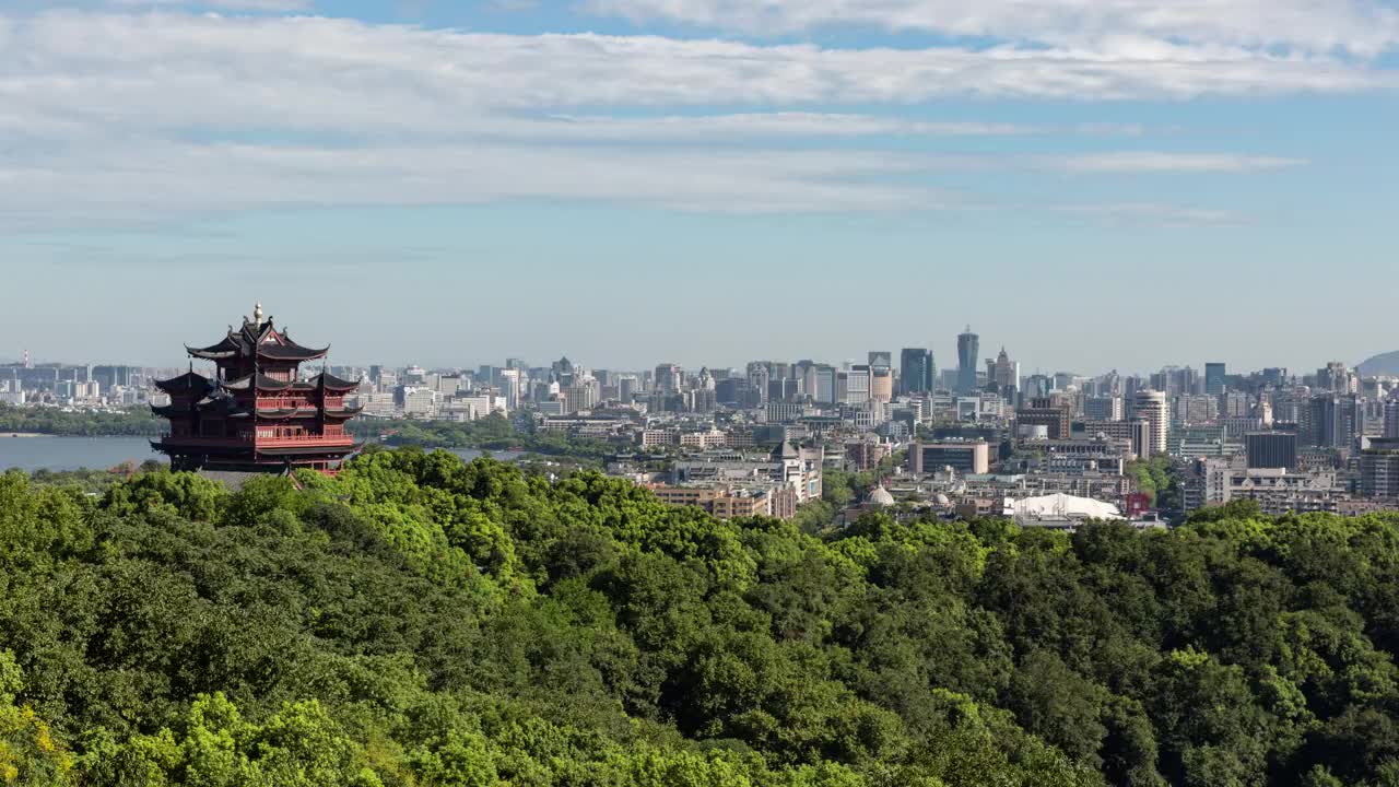 4K延时:城隍庙与城市景观背景，杭州，中国视频素材